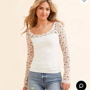 Free People White Top with Floral Sleeves